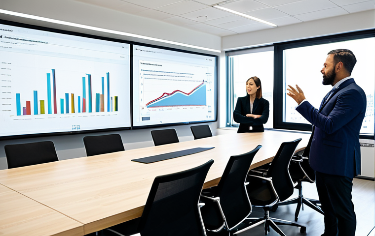 A diverse team of content operations professionals, including men and women, collaboratively working around a modern conference table in a bright, open-plan office. They are engaged in strategic planning, discussing data displayed on a large wall-mounted screen. All individuals are fully clothed in professional business attire, appearing focused and collaborative. The setting is clean and modern, with natural light. safe for work, appropriate content, fully clothed, professional, perfect anatomy, correct proportions, natural pose, well-formed hands, proper finger count, natural body proportions, high quality photography.