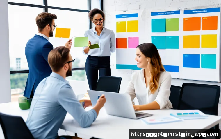 콘텐츠 마케팅 목표 수립을 위한 체크리스트 - A modern digital marketing team in a bright, open office space, diverse professionals collaborating ...