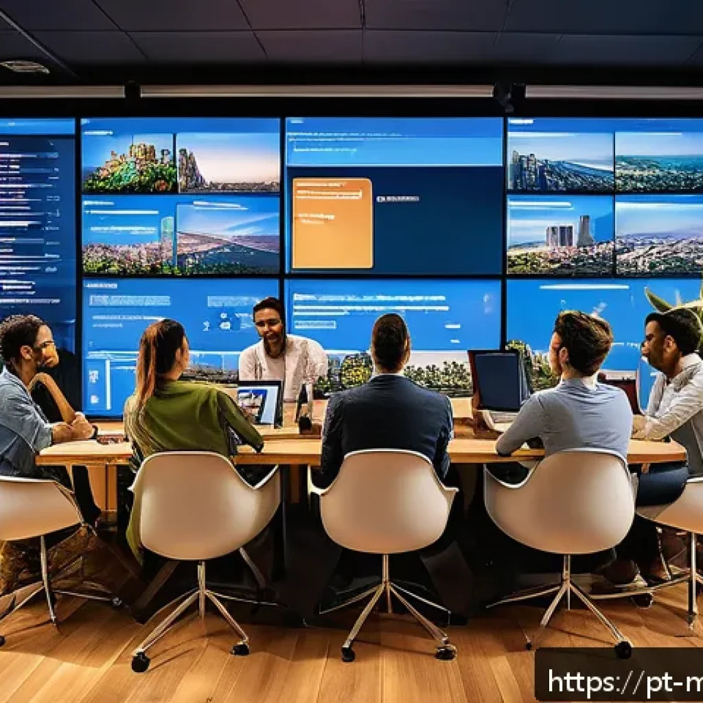 콘텐츠 마케팅을 위한 소셜 미디어 분석 - A modern Brazilian social media marketing office scene showing a diverse team of young professionals...