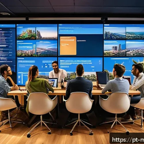 Home 32 콘텐츠 마케팅을 위한 소셜 미디어 분석 - A modern Brazilian social media marketing office scene showing a diverse team of young professionals...