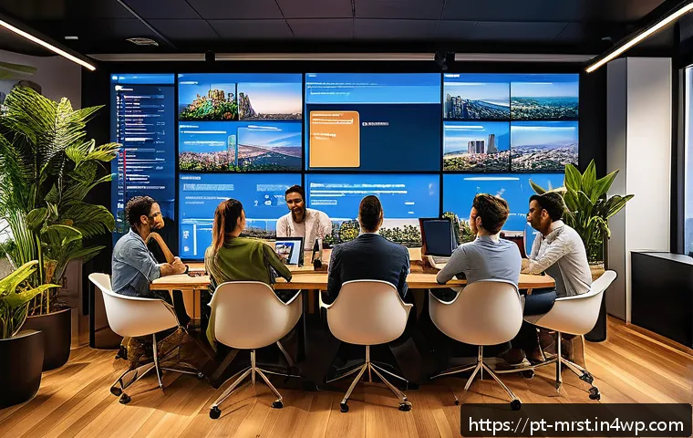 콘텐츠 마케팅을 위한 소셜 미디어 분석 - A modern Brazilian social media marketing office scene showing a diverse team of young professionals...