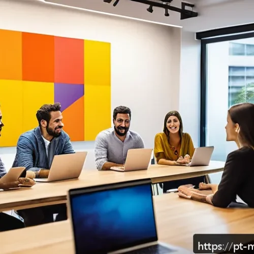 Home 31 브랜드 이미지 강화를 위한 콘텐츠 전략 - A vibrant digital marketing team meeting in a modern São Paulo office, diverse professionals collabo...